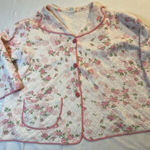 Vintage 1960's Pink Cotton‎ Dressing Coat Robe Quilted Floral Jacket Dustbowl